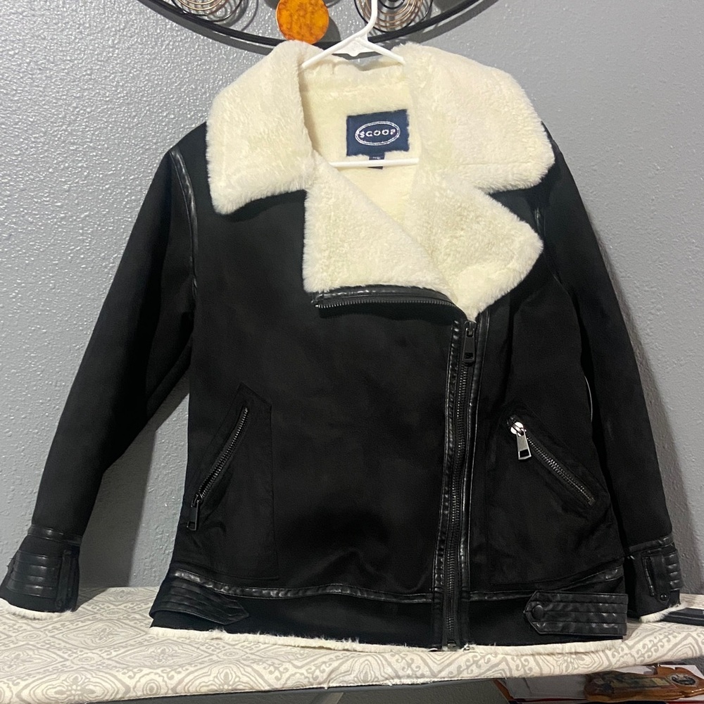 SCOOP Cream Faux Shearling Jacket with Navy Label
